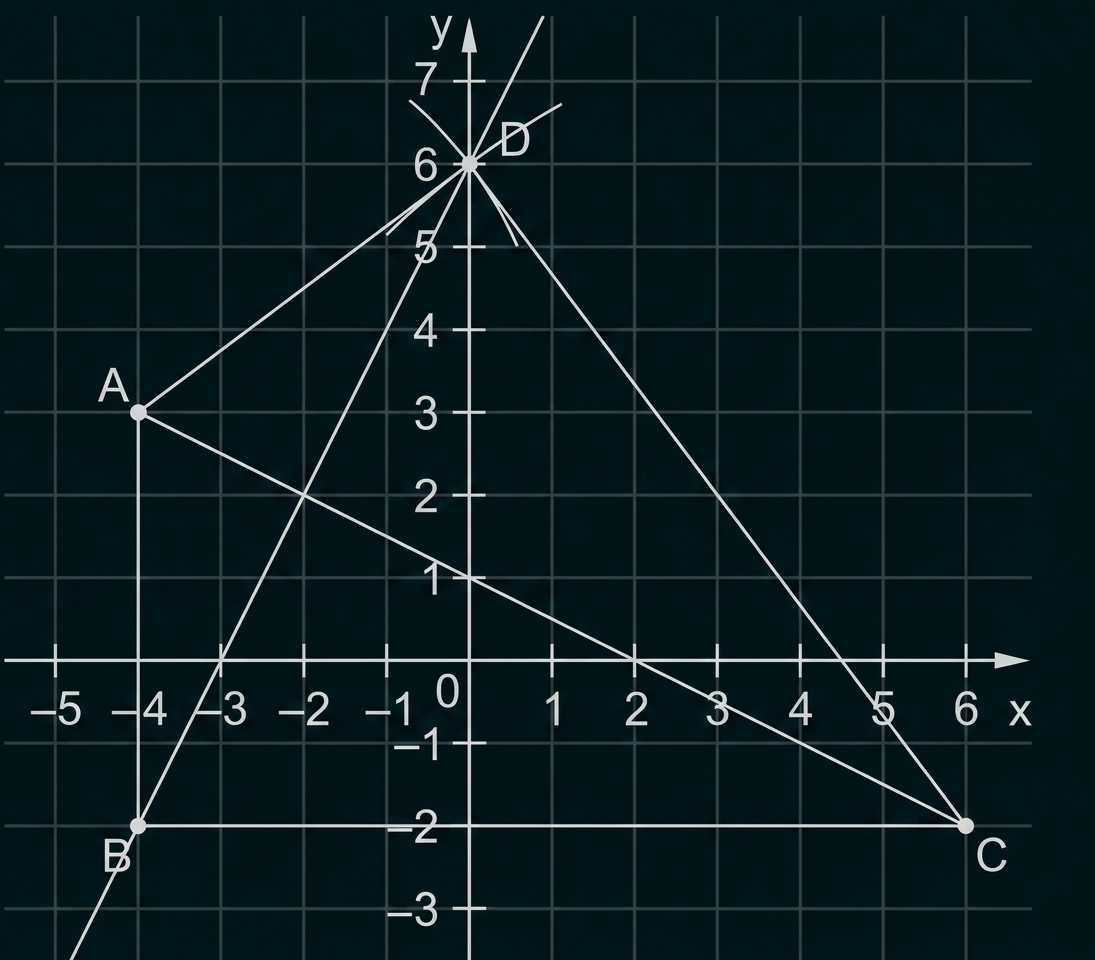 Koordinatensystem mit eingezeichneten Punkten A, B, C und D sowie mehreren Geraden.